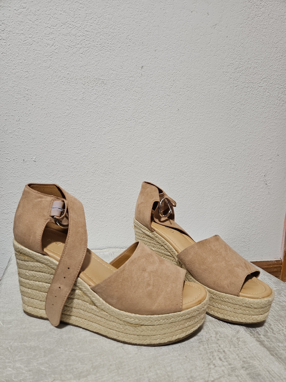 Nine West Tan Suede Espadrille Wedge Sandals with Ankle Wrap